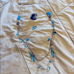 Blue/sliver necklace earrings and ring set